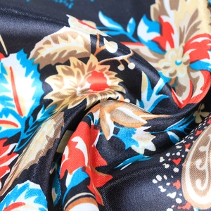 Black satin square scarf with colorful paisley and vintage floral prints for women
