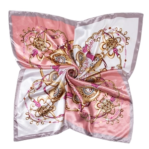 Elegant 90cm square satin scarf featuring golden chain and equestrian motifs on pink and grey