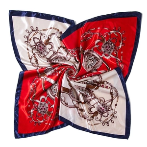 Satin silk scarf featuring classic chain horsebit print and elegant rolled hem