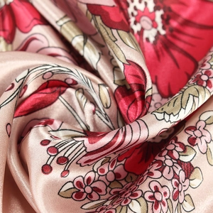 90cm floral print silk scarf with red flowers on a champagne gold satin background