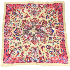 90x90cm satin square scarf with vintage paisley and floral print on cream background