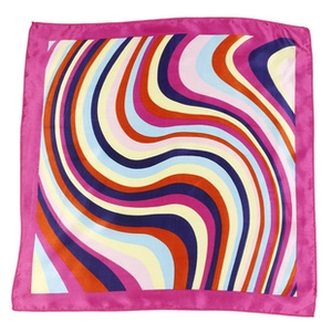 Macro detail of satin floral square scarf with vibrant wave pattern and pink hem