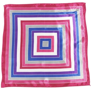 Flat lay of square satin scarf with geometric pattern in pink, blue and purple