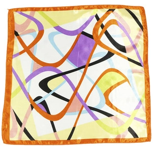 Detailed view of square satin scarf with vibrant abstract geometric lines and patterns