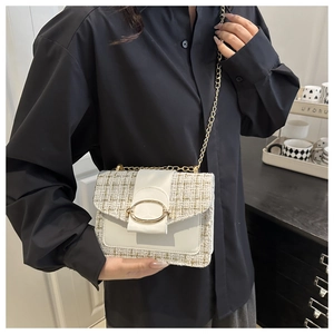 Détail du sac à bandoulière en tweed et cuir avec chaîne dorée et fermoir élégant