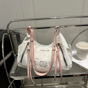 Sac cabas en toile blanc cassé avec bandoulière rose et imprimé ours mignon
