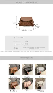 Detailed size chart and multi-color options for the ruched cloud shoulder bag with chain
