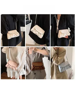 Collage of model wearing pleated cloud bag in beige pink brown and blue colors