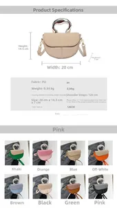 Detailed size chart and multi-color specifications for the PU leather saddle bag