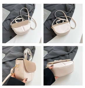 Detail view of beige saddle bag with unique metal handle and leather strap from four angles