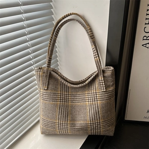 Women Large Capacity Plaid Tote Bag Vintage Houndstooth Canvas Shoulder Bag For School Work Daily Casual Handbag