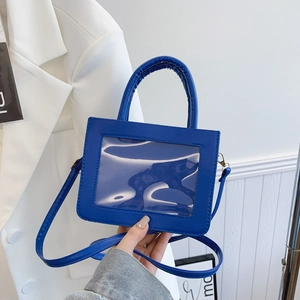 Deep blue minimalist square handbag with transparent window and adjustable strap