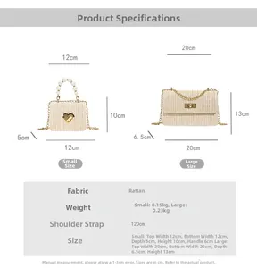 Detailed size chart for woven straw shoulder bags with metal chain straps and heart clasps