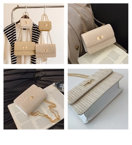 Macro detail of straw woven square bag featuring a gold chain strap and metal lock closure
