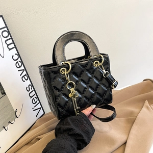 Quilted Rhombus Handbag For Women PU Leather Crossbody Shoulder Bag With Golden Key Charm Chic Top Handle Mini Square Bag