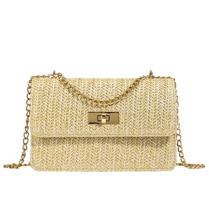 Chic beige woven straw crossbody bag with gold chain strap and square lock closure