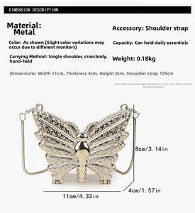 Detailed view of butterfly rhinestone evening bag with dimensions 11x8x4cm and chain strap