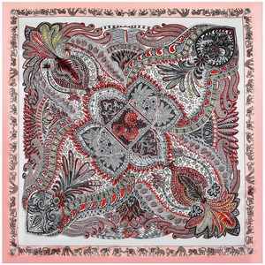 Quadratisches Seidenschal-Design mit Paisleymuster und afrikanischen Tiersymbolen in Rosa