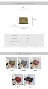 Detailed specs of mini rhinestone chain bag with metal clasp and five color options