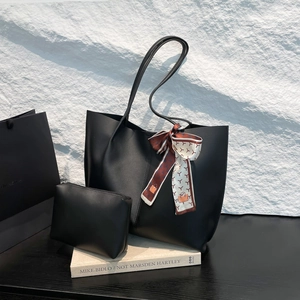 Women's Large Capacity PU Leather Tote Bag And Pouch With Decorative Silk Scarf Minimalist Urban Commuter Shoulder Handbag