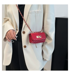 Close-up of red mini quilted crossbody bag with gold hardware and chain strap