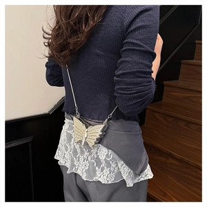 Exquisite butterfly evening bag with rhinestones shown on a shoulder metal chain strap