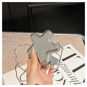Detail of silver star evening bag with shimmering rhinestones and thin metal chain strap