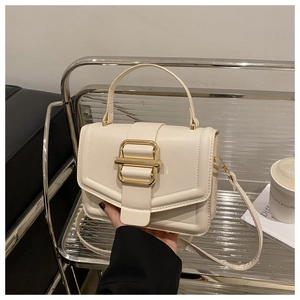 Close-up of minimalist cream square handbag featuring a stylish wide gold metal buckle