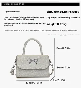 Detailed dimension guide for silver glitter crossbody bag with bow detail and strap measurements