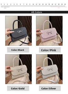 Close-up of glittery crossbody bags with metal bow details in four stylish colors
