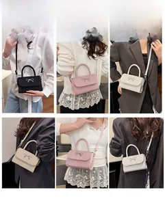 Detail of glitter mini crossbody bags in four colors with decorative metal bows