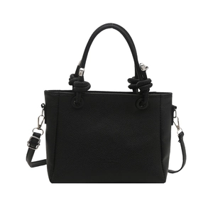 Fashionable black lychee grain leather square handbag with thick rope handle and silver buckles