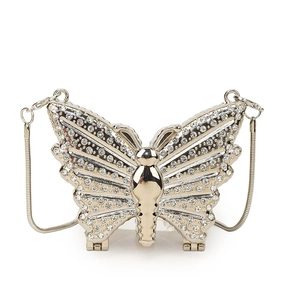 Elegant butterfly-shaped silver clutch bag fully encrusted with sparkling rhinestones