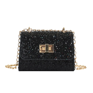 Chic black sequin crossbody bag for women with gold chain strap and turn-lock closure