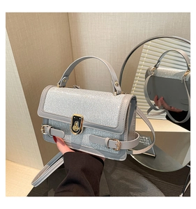Detail of light gray crossbody bag featuring glitter texture and golden twist lock closure