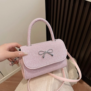 Sac à main rose scintillant pour femme avec nœud argenté et bandoulière amovible