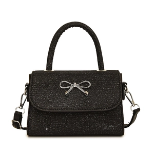 Elegant black glitter crossbody bag with silver metal bow and top handle for women