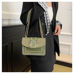 Détail du sac bandoulière en tweed vert avec mors doré et bandoulière en chaîne cuir