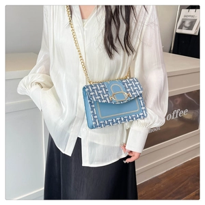 Détail du cuir bleu clair et tweed avec bandoulière en chaîne dorée sur un sac à bandoulière