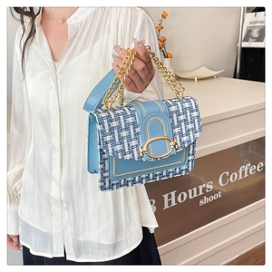 Détail du sac bandoulière en tweed bleu avec boucle mors dorée et poignée en chaîne chic