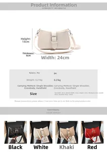 Size chart showing PU leather shoulder bag dimensions, weight, and strap length details