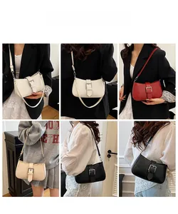 Multiple styles of French vintage underarm bags shown on model with metal buckle detail