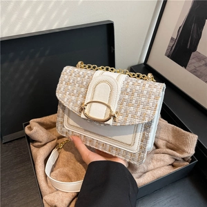 Sac à Épaule Vintage en Tweed et Cuir PU Contrasté pour Femmes Mode Sac Bandoulière Petit Sac Carré Sac à Main Quotidien