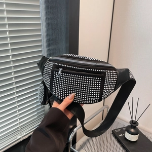 Sac Banane Femme Mode Strass Sac de Poitrine en Cuir PU Avec Petit Porte-Monnaie Rond Bandoulière Réglable à Chevrons Sacoche Femme