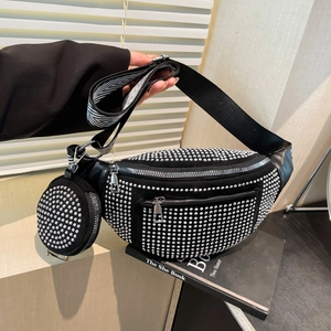 Women Rhinestone Crossbody Chest Bag Chic PU Leather Waist Pack Wide Herringbone Strap With Mini Round Pouch Fashion