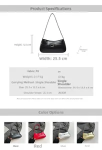 Detailed size chart and multi-color specifications for the minimalist PU underarm bag