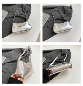 Detail shots of a silver metallic hobo bag with square buckle from four different angles