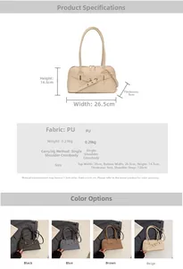 Detailed view of beige pillow bag with dimensions and multi-color options available
