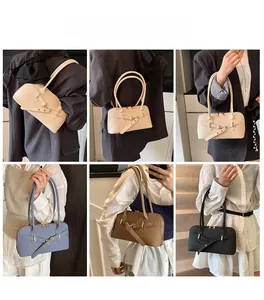 Collage of chic PU leather pillow bags in four colors with buckle detail and top handles