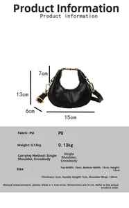 Detailed view of black PU leather dumpling bag with dimensions and strap specifications